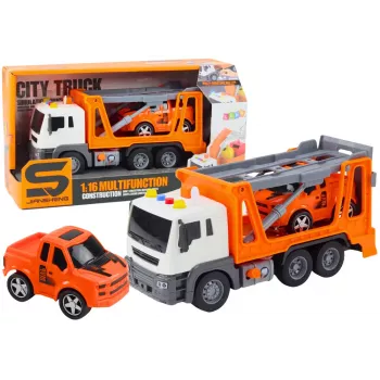 LEAN TOYS Daugiafunkcis vilkikas su šviesomis ir garsais 1:16 Oranžinis automobilis