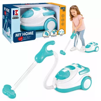 LEAN TOYS Baterijomis maitinamas dulkių siurblys mėlynas su polistirolo kamuoliukais ir garsu