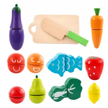 LEAN TOYS Daržovių ir vaisių pjaustymo rinkinys su pjaustymo lenta, peiliu ir mediniu kibiru