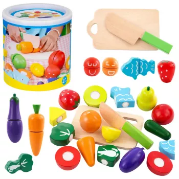 LEAN TOYS Daržovių ir vaisių pjaustymo rinkinys su pjaustymo lenta, peiliu ir mediniu kibiru