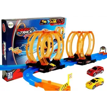 LEAN TOYS lenktynių trasa su 4 kilpomis ir dviem 181 cm automobiliais