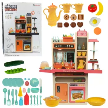 LEAN TOYS Vaikų virtuvė su šviesomis, garsais, lėkštėmis ir aksesuarais, rožinė, 65 dalių