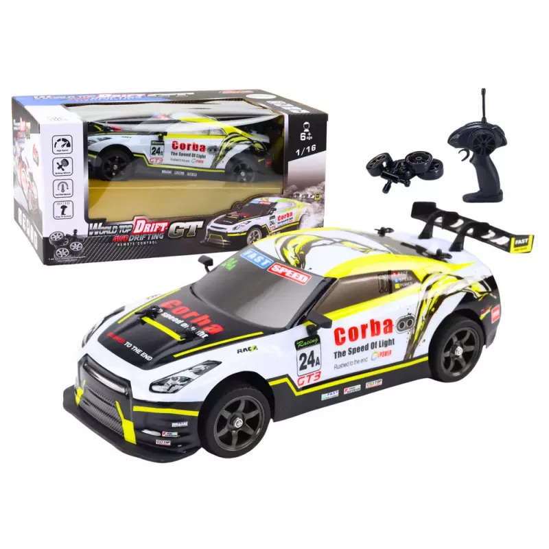 LEAN TOYS RC Sports Car 1:16 Drift Interchangeable Wheels White and Yellow