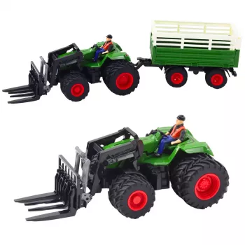 LEAN TOYS RC nuotoliniu valdymu valdomas žemės ūkio traktorius su priekaba ir šakėmis, dvigubi ratai