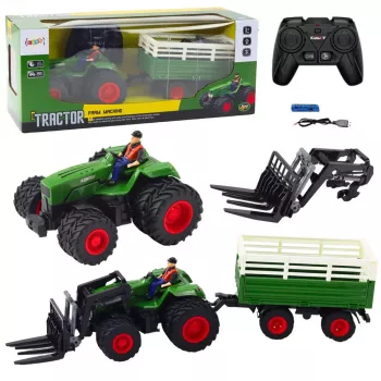 LEAN TOYS RC nuotoliniu valdymu valdomas žemės ūkio traktorius su priekaba ir šakėmis, dvigubi ratai