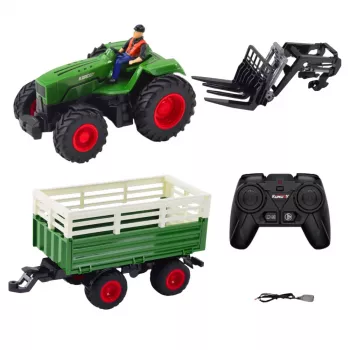 LEAN TOYS Žemės ūkio traktorius su priekaba ir šakėmis, nuotoliniu valdymu RC 2.4G