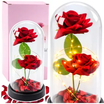 LEAN Eternal 2 Roses in Dome with LED Lighting and Rose Petals Red 21x11cm