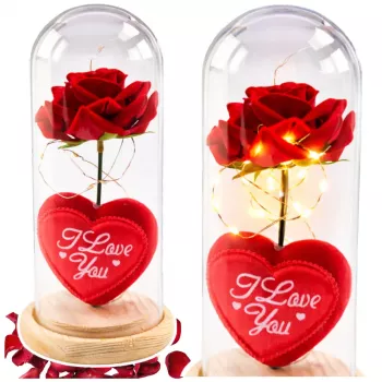 LEAN Eternal Rose in Dome su LED apšvietimu raudona su širdele 18,5x8 cm