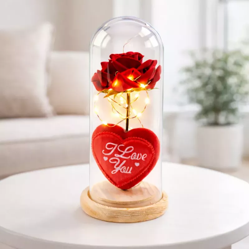LEAN Eternal Rose in Dome su LED apšvietimu raudona su širdele 18,5x8 cm