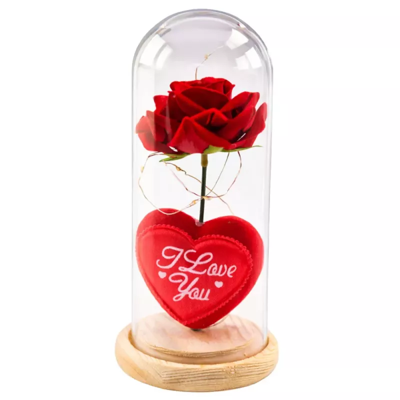 LEAN Eternal Rose in Dome su LED apšvietimu raudona su širdele 18,5x8 cm