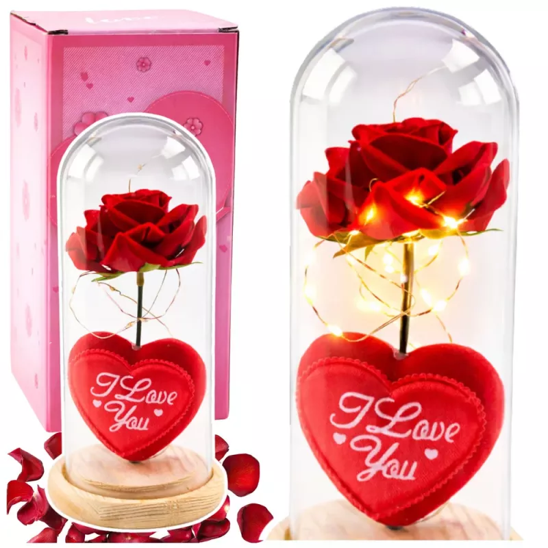 LEAN Eternal Rose in Dome su LED apšvietimu raudona su širdele 18,5x8 cm