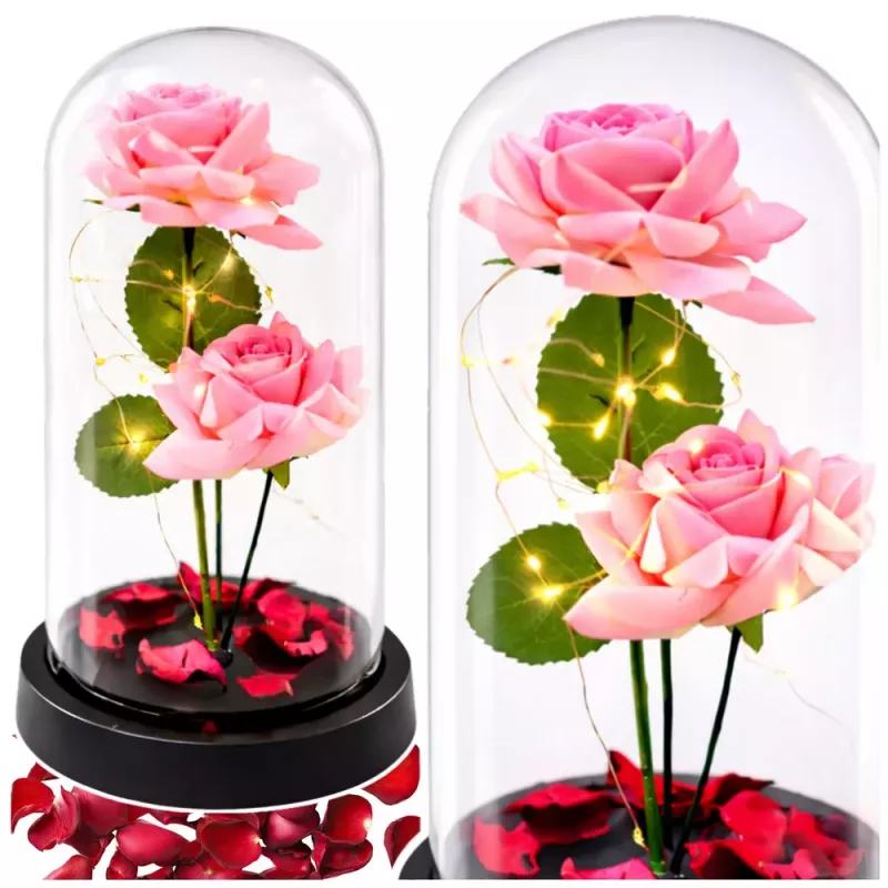 LEAN Eternal Roses in Dome with LED Lighting and Rose Petals Pink 21x11cm