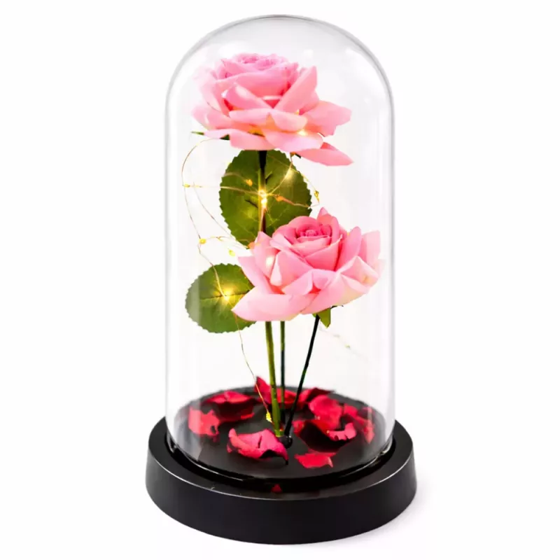 LEAN Eternal Roses in Dome with LED Lighting and Rose Petals Pink 21x11cm