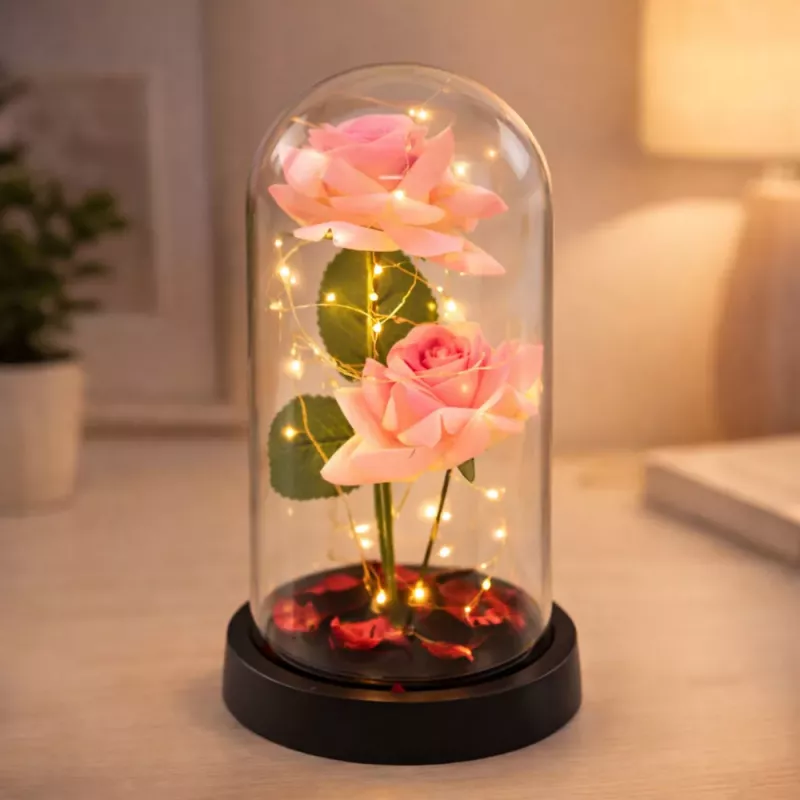 LEAN Eternal Roses in Dome with LED Lighting and Rose Petals Pink 21x11cm