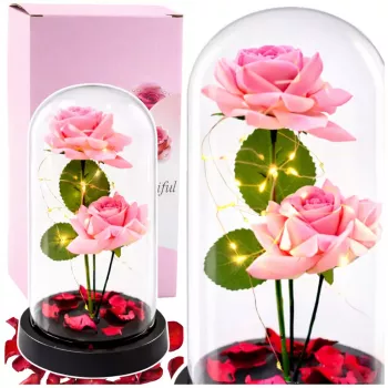 LEAN Eternal Roses in Dome with LED Lighting and Rose Petals Pink 21x11cm