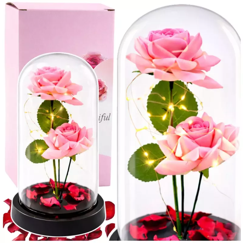 LEAN Eternal Roses in Dome with LED Lighting and Rose Petals Pink 21x11cm