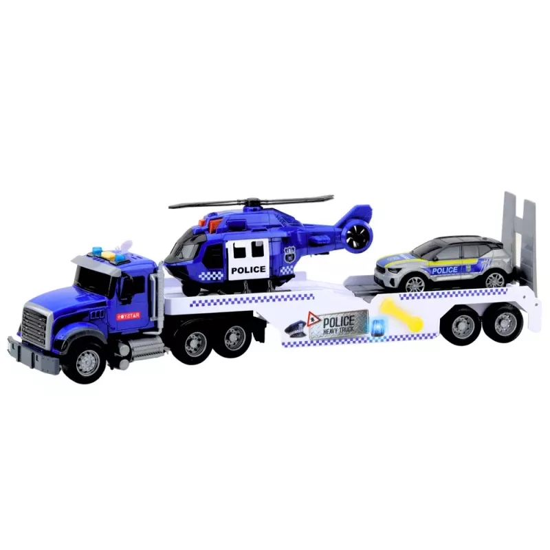 LEAN TOYS Policijos sunkvežimio, sraigtasparnio ir automobilio rinkinys su šviesomis ir garsais
