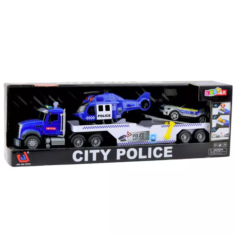 LEAN TOYS Policijos sunkvežimio, sraigtasparnio ir automobilio rinkinys su šviesomis ir garsais