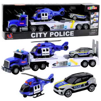 LEAN TOYS Policijos sunkvežimio, sraigtasparnio ir automobilio rinkinys su šviesomis ir garsais