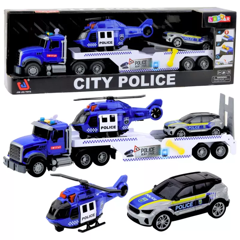 LEAN TOYS Policijos sunkvežimio, sraigtasparnio ir automobilio rinkinys su šviesomis ir garsais