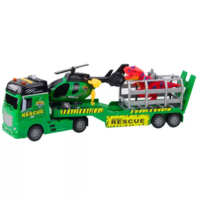 LEAN TOYS Gelbėjimo rinkinys – sunkvežimis, sraigtasparnis, automobilis, dinozauras su šviesomis ir garsais