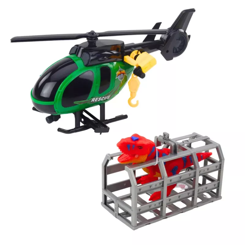 LEAN TOYS Gelbėjimo rinkinys – sunkvežimis, sraigtasparnis, automobilis, dinozauras su šviesomis ir garsais