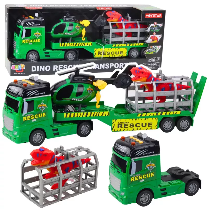 LEAN TOYS Gelbėjimo rinkinys – sunkvežimis, sraigtasparnis, automobilis, dinozauras su šviesomis ir garsais