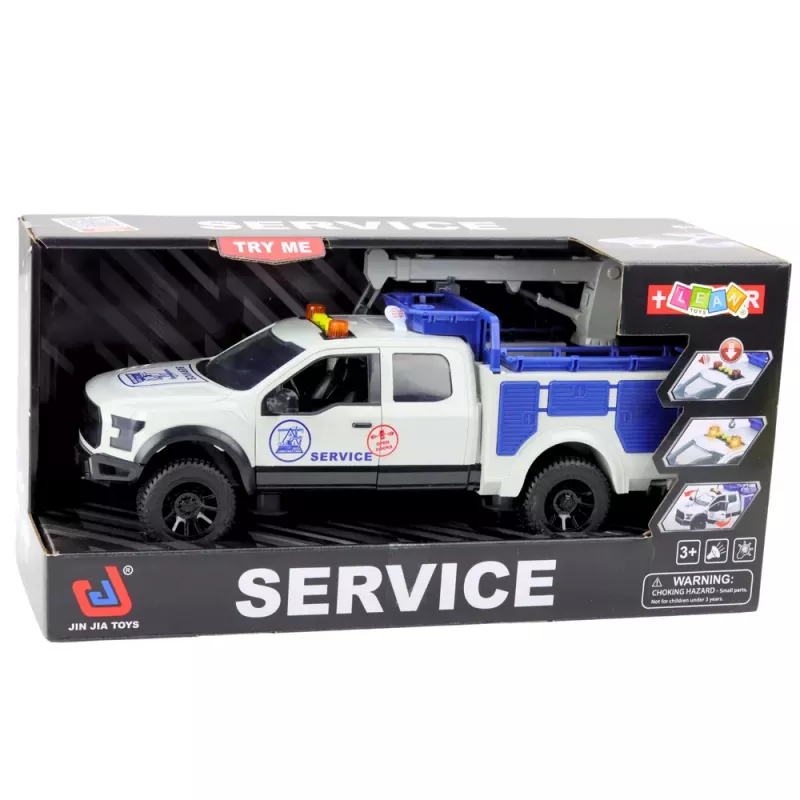 LEAN TOYS Service Truck su Kranu, Šviesomis ir Garsais, Baltas, 1:12