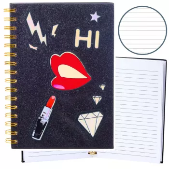 LEAN Notebook Lined Notebook Patches Lips Lipstick Glitter Black A5 80 Sheets