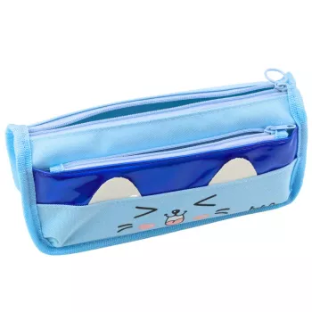 LEAN TOYS School Pencil Case Two Pockets Cat Motif Blue 22cm