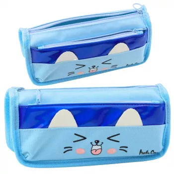 LEAN TOYS School Pencil Case Two Pockets Cat Motif Blue 22cm