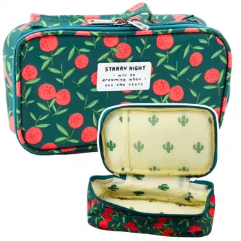 LEAN School Pencil Case Organizer Roomy Additional Pocket Cherries Green 21.5cm