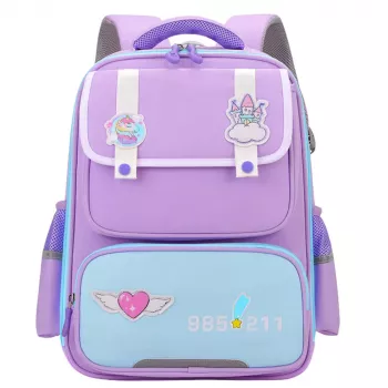 LEAN School Backpack With Patches Chest Strap Purple 16L