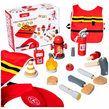 LEAN TOYS Ugniagesio kostiumo rinkinys Ugniagesio aksesuarai Medis 14 dalių