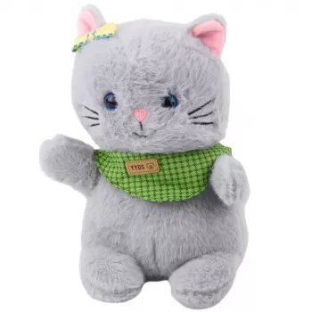 LEAN TOYS Plush Mascot Cuddly Toy Cat Gray Green Scarf Bow 22cm