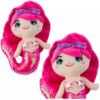 LEAN TOYS Plush Mermaid Cuddly Toy with Reversible Sequins, Intense Pink, 28 cm