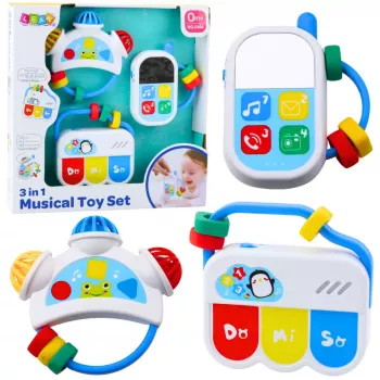 LEAN TOYS Muzikinių žaislų rinkinys mažiems vaikams – Telefonas, Tamburinas, Rakteliai, 3 vnt.
