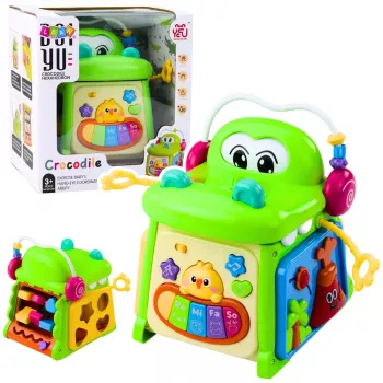 LEAN TOYS Interaktyvus edukacinis kubas su rūšiuokle, pianinu ir sensoriniais elementais – krokodilas