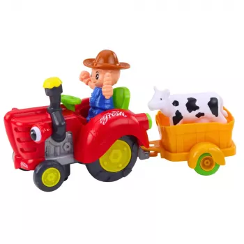 LEAN TOYS Interaktyvus ūkininko traktorius su priekaba, karvės figūrėle, šviesomis ir garsais