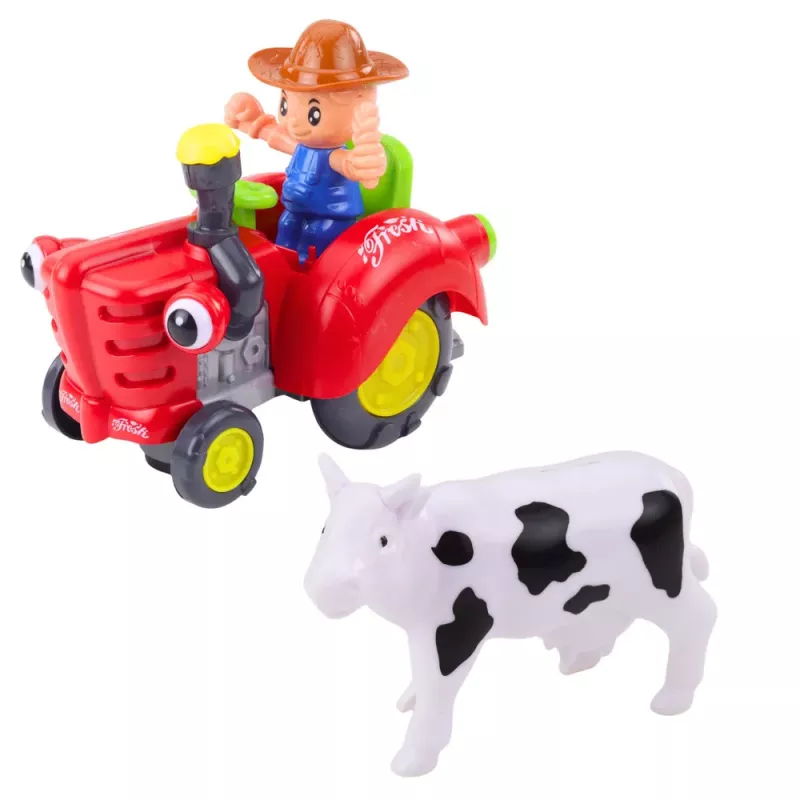 LEAN TOYS Interaktyvus ūkininko traktorius su priekaba, karvės figūrėle, šviesomis ir garsais