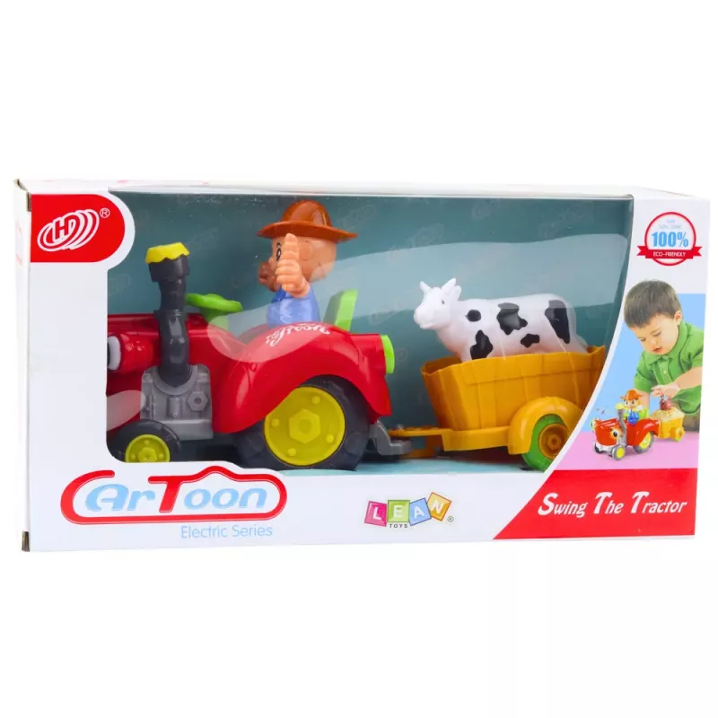 LEAN TOYS Interaktyvus ūkininko traktorius su priekaba, karvės figūrėle, šviesomis ir garsais