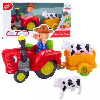LEAN TOYS Interaktyvus ūkininko traktorius su priekaba, karvės figūrėle, šviesomis ir garsais