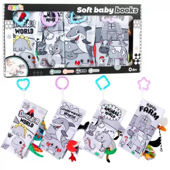 LEAN TOYS Kietųjų minkštųjų lavinamųjų jutiminių knygelių rinkinys mažyliams 4 vnt.