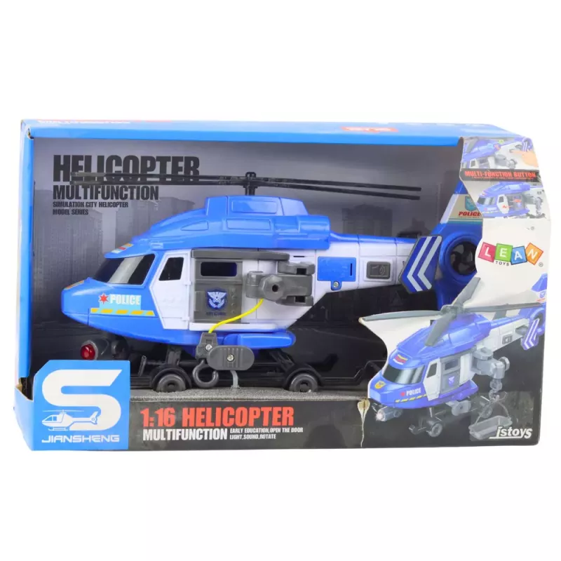 LEAN TOYS Policijos sraigtasparnis su kablys ir neštuvais, šviesos ir garsai, mėlynas, 1:16