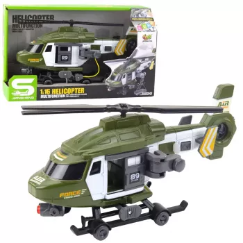 LEAN TOYS Karinis sraigtasparnis su kablys ir neštuvais, šviesos ir garsai, chaki, 1:16 mastelis