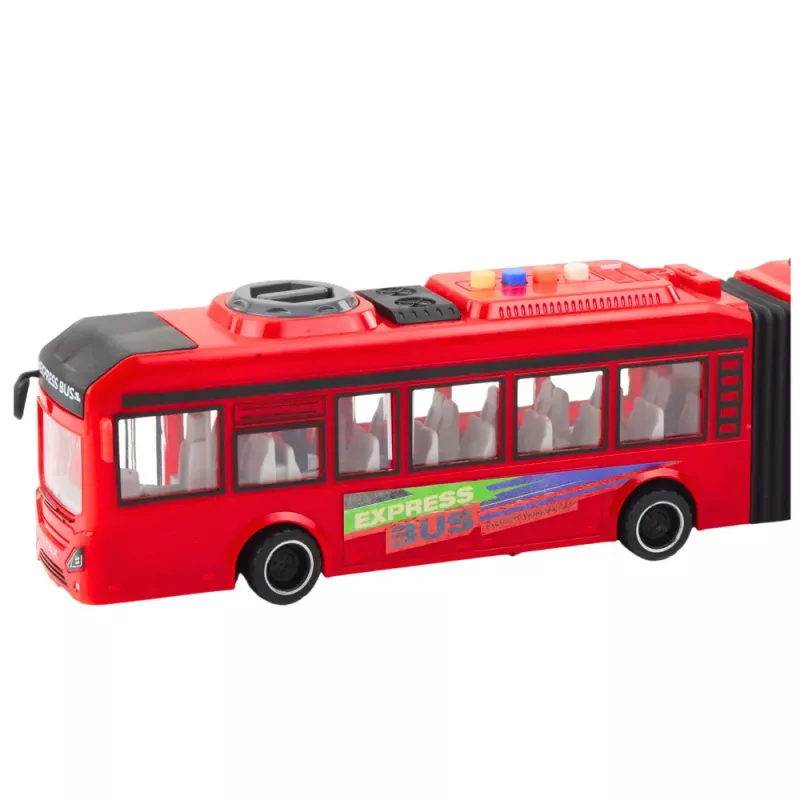 LEAN TOYS Artikuliuotas autobusas su atsidarančiomis durimis, šviesomis ir garsais – raudonas 1:16