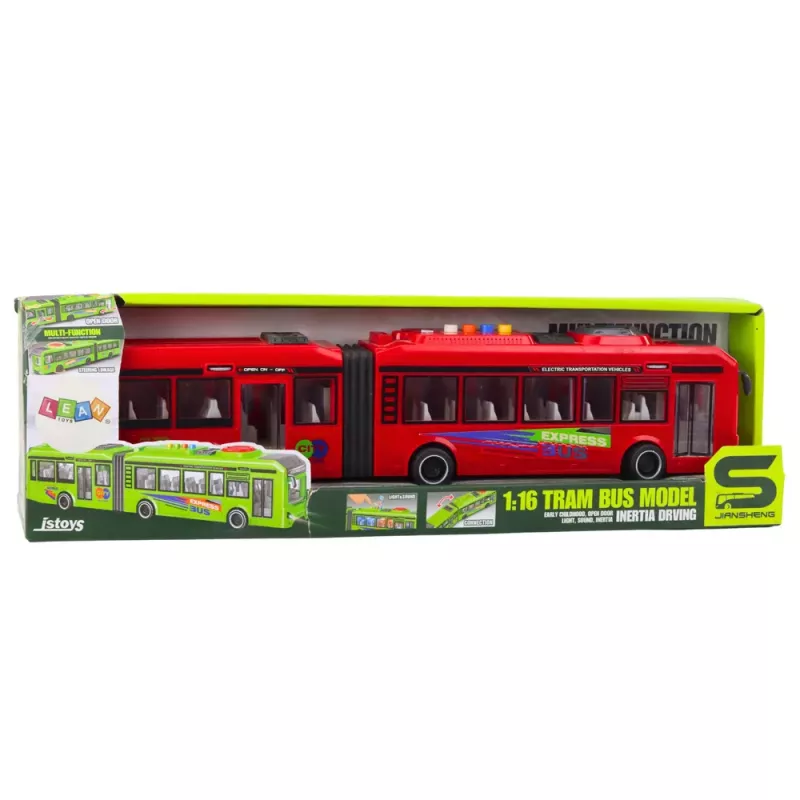 LEAN TOYS Artikuliuotas autobusas su atsidarančiomis durimis, šviesomis ir garsais – raudonas 1:16
