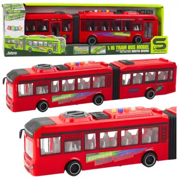 LEAN TOYS Artikuliuotas autobusas su atsidarančiomis durimis, šviesomis ir garsais – raudonas 1:16
