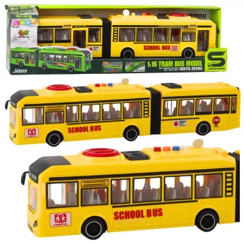 LEAN TOYS Articulated School Bus su atsidarančiomis durimis, šviesomis ir garsais, geltonas, 1:16 mastelis