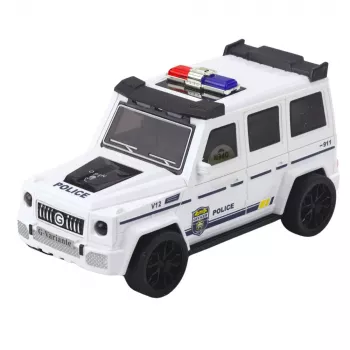 LEAN TOYS Policijos visureigis su inercine pavara, atidaromu bagažinės dangčiu, baltas